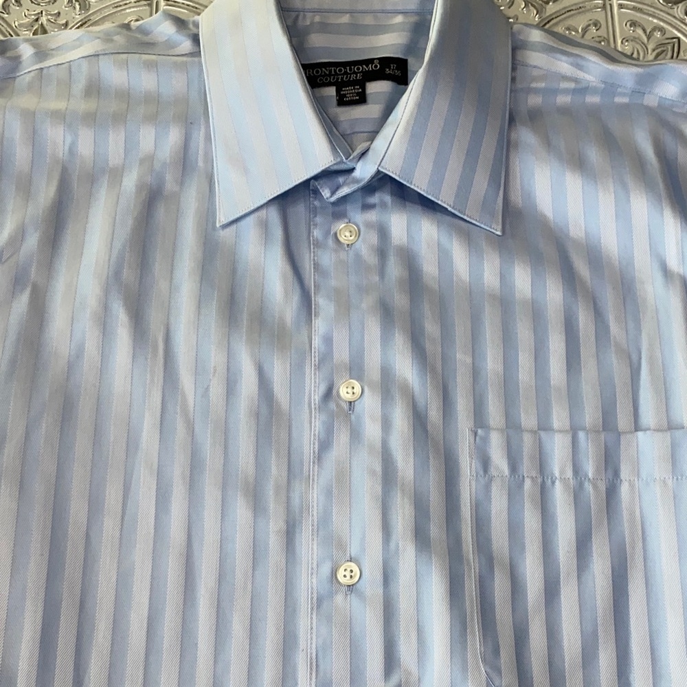 Pronto Uomo Couture Mens 17 34/35 Light Blue Striped Dress Shirt Non Iron L - Picture 2 of 8
